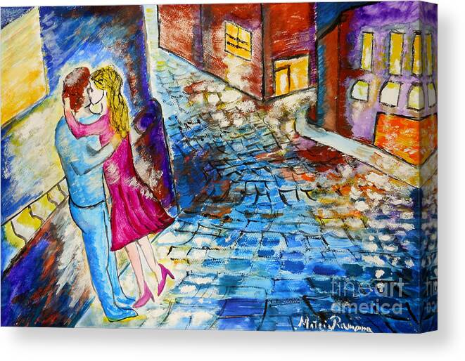 Kiss Canvas Print featuring the painting Street Kiss by Night by Ramona Matei