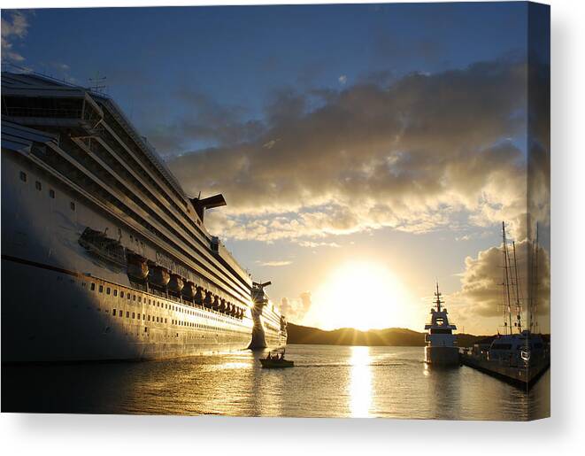 Liners Canvas Print featuring the photograph Sunset Voyage by Ramunas Bruzas