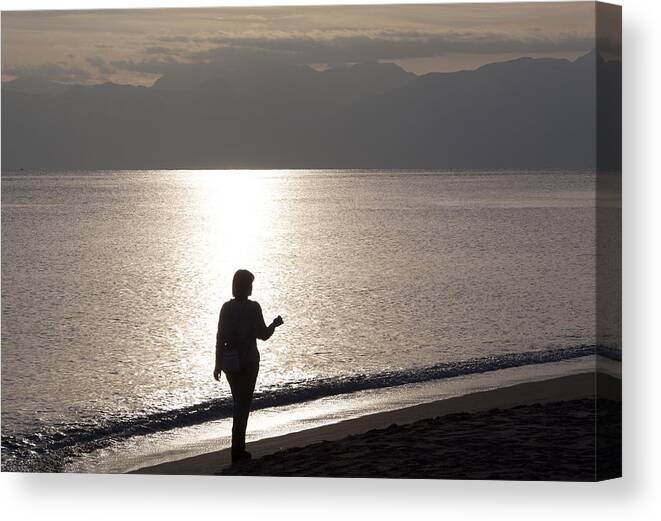 People; Girl; Woman; Walking; Silhouette; Vacation; Holiday; Beach; Evening; Sunset; Sea; Mediterranean; Ocean; Nature; Places; Destination; Turkey; Asia Canvas Print featuring the photograph Sunset Walk by Ramunas Bruzas