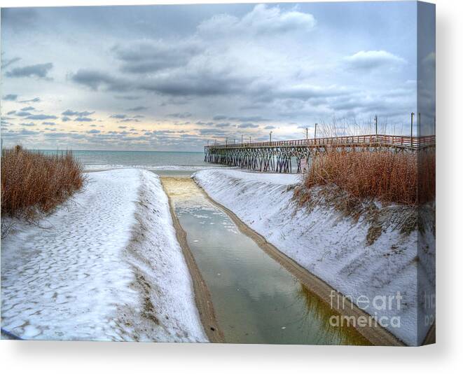 Beach Canvas Print featuring the photograph Surfside Beach Pier Ice Storm by Kathy Baccari