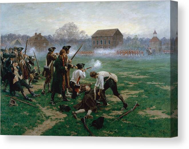 Massachusetts Canvas Print featuring the painting The Battle Of Lexington, 19th April 1775 by William Barnes Wollen