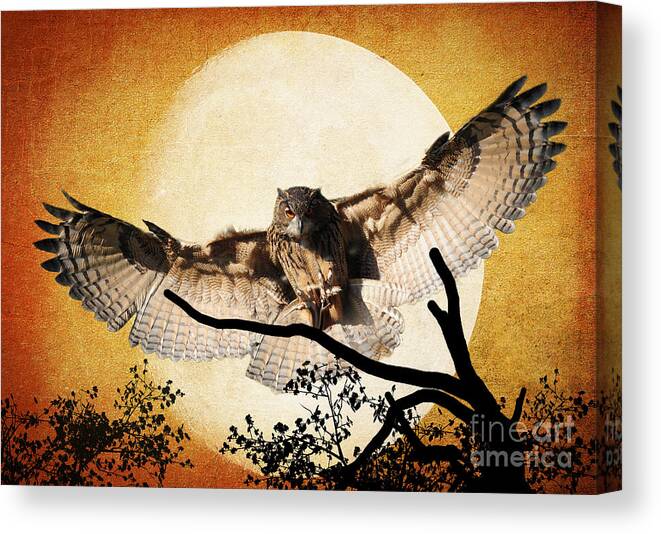 Textures Canvas Print featuring the photograph The Eurasian Eagle Owl And The Moon by Kathy Baccari