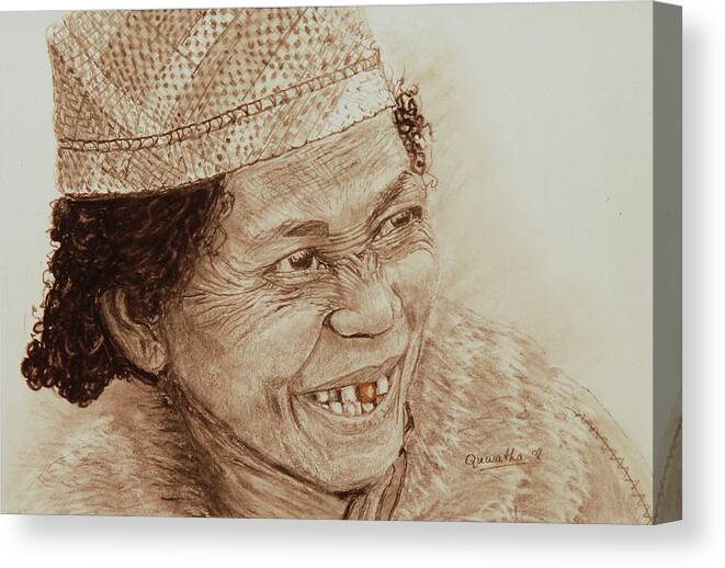 African Canvas Print featuring the drawing The Gold Tooth in Sepia by Quwatha Valentine