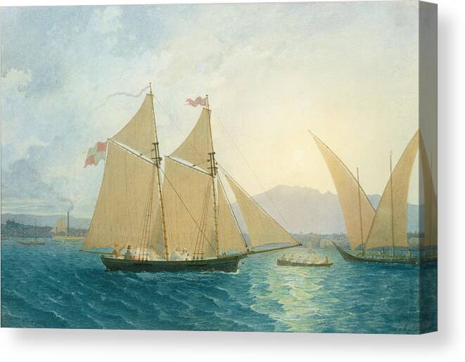 Boat; Boats; Sails; Sailing; Rowing; Flag; Yacht; Yachting; Boating; Mountains; Swiss City; Switzerland; Launching Canvas Print featuring the painting The Launch La Sociere on the Lake of Geneva by Francis Danby