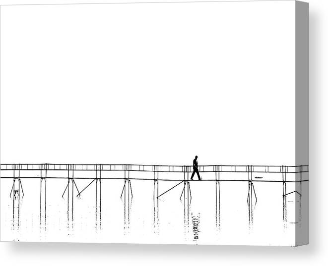 Ostsee Canvas Print featuring the photograph The Lonely Man On The Plank Bridge by Hans Peter Rank