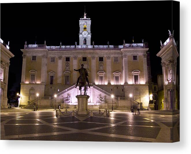 Rome Canvas Print featuring the photograph The Piazza del Campidoglio at night by Weston Westmoreland
