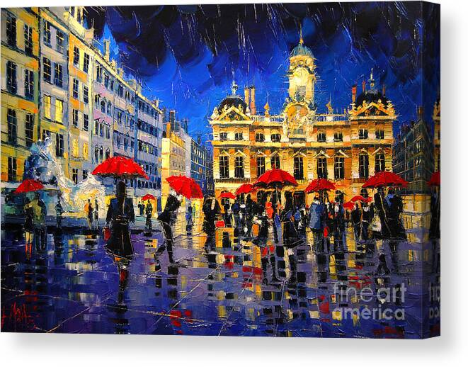 The Red Umbrellas Of Lyon Canvas Print featuring the painting The Red Umbrellas Of Lyon by Mona Edulesco