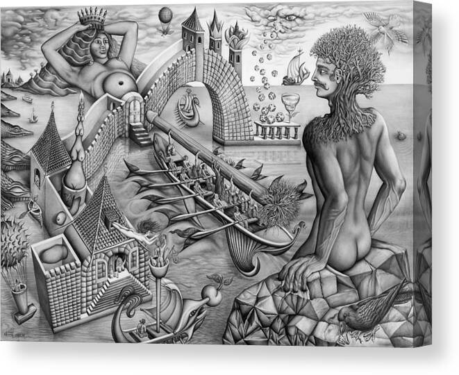 Surrealism Canvas Print featuring the drawing The Virgin by Moshe Rosental