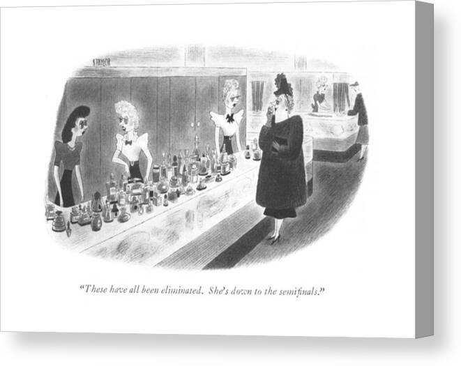 
Salesgirls Have Lined Up Many Perfumes On Counter For Lady Customer To Choose From. 
Sales Selling Sale Consumer Consumerism Advertise Advertising Storefront Money Store Shop Shopping Spend Spending Fragrance Fragrances Perfumes Perfume Cologne Colognes Cosmetic Cosmetics 70207 Rta Richard Taylor Canvas Print featuring the drawing These Have All Been Eliminated. She's by Richard Taylor