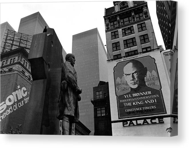 Times Square Fr. Dufy Statue Palace Theater Yul Brynner New York City 1977 Canvas Print featuring the photograph Times Square Fr. Dufy statue Palace Theater Yul Brynner NYC 1977 by David Lee Guss
