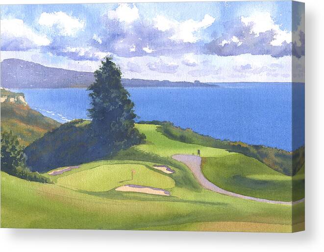 Torrey Pines Canvas Print featuring the painting Torrey Pines Golf Course North Course hole #6 by Mary Helmreich