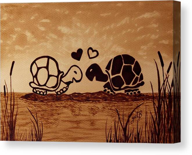 Sea Turtle Coffee Painting Canvas Print featuring the painting Turtles Love coffee painting by Georgeta Blanaru