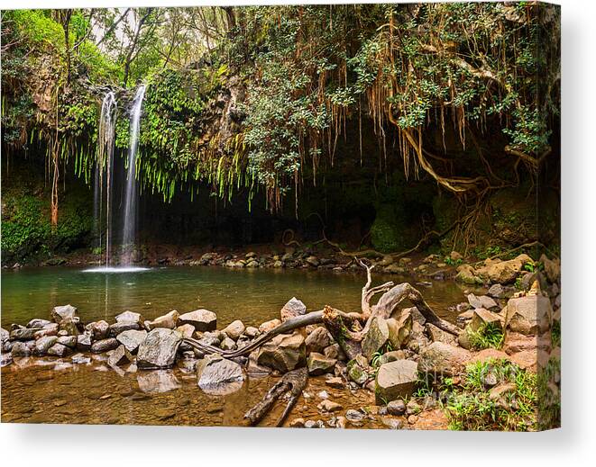 Twin Falls Canvas Print featuring the photograph Twin Falls - the beautiful and magical falls along the Road to Hana in Maui by Jamie Pham