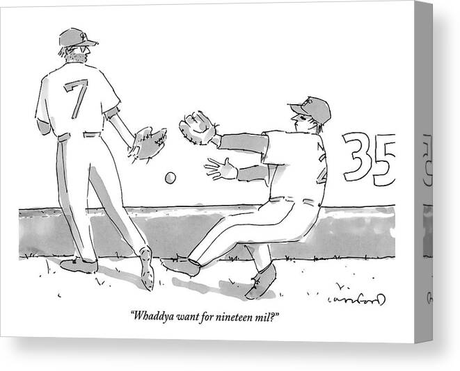 Baseball Canvas Print featuring the drawing Two Baseball Players And A Baseball In The Air by Michael Crawford