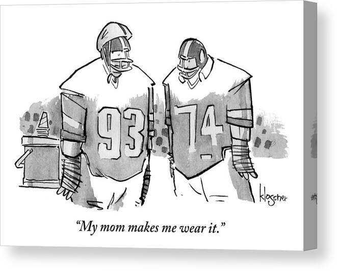 Helmets Canvas Print featuring the drawing Two Football Players Are Talking To Each Other by John Klossner