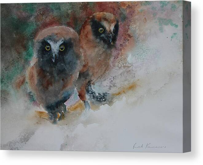 Owls Canvas Print featuring the painting Two Hoots by Ruth Kamenev