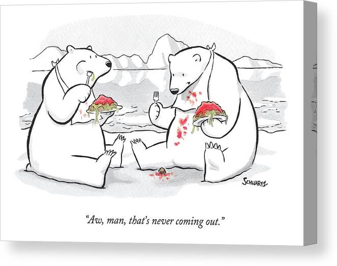 Polar Bears Canvas Print featuring the drawing Two Polar Bears Eat Spaghetti And Meatballs. One by Benjamin Schwartz