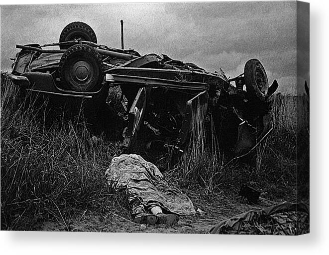 Upended Car Accident Dead Body Aberdeen South Dakota 1964 Black And White Canvas Print featuring the photograph Upended car accident dead body Aberdeen South Dakota 1964 black and white by David Lee Guss