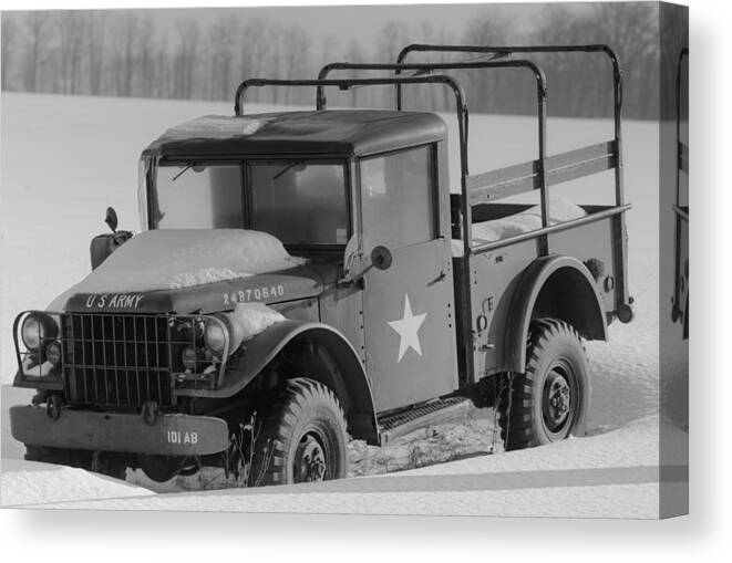  Army Truck Military Transport War Vehicle Usa Camouflage Car Off Road Transportation Force Equipment Vintage Armed American Machine Green Wheel Jeep Combat Armored Gear Munition Weapon Utility Old Defines Fight Retro Snow Field Numbered Jeep Black & White Canvas Print featuring the photograph US Army Truck by James Canning