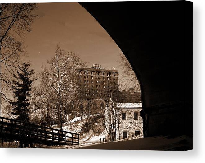 Bethlehem Pa Canvas Print featuring the photograph View of Hotel Bethlehem from Colonial Industrial Quarter - Sepia by Jacqueline M Lewis