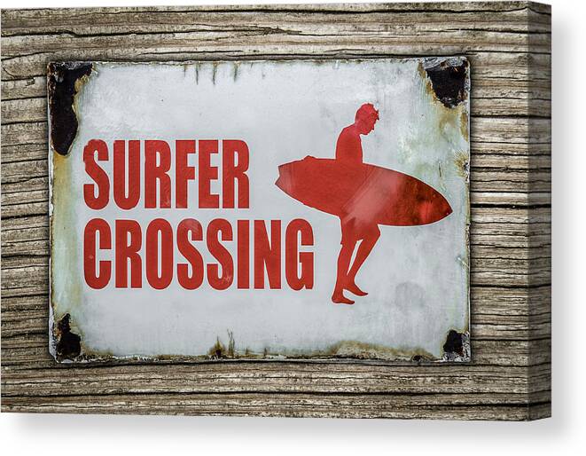 Carrying Canvas Print featuring the photograph Vintage Surfer Crossing Sign On Wood by Mr Doomits