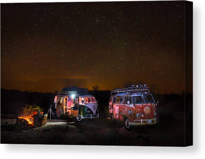 Bus Canvas Print featuring the photograph VW Microbuses Camping Under The Desert Stars by Richard Kimbrough
