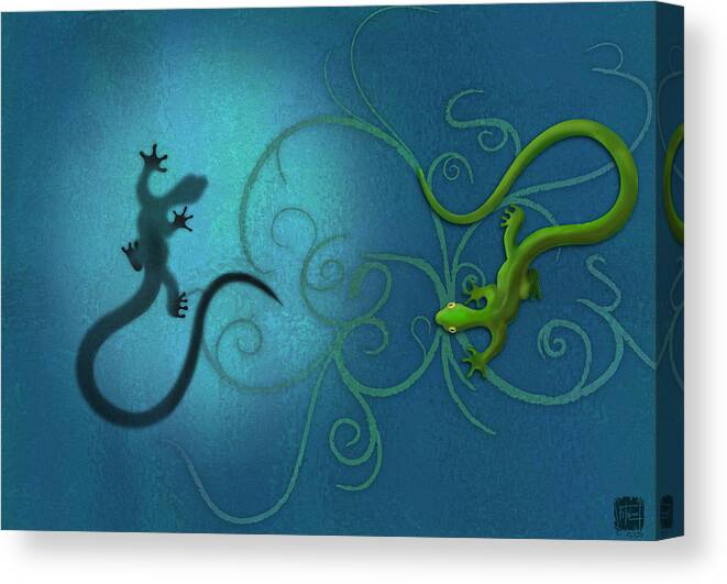 Gecko Canvas Print featuring the digital art water colour print of twin geckos and swirls Duality by Sassan Filsoof