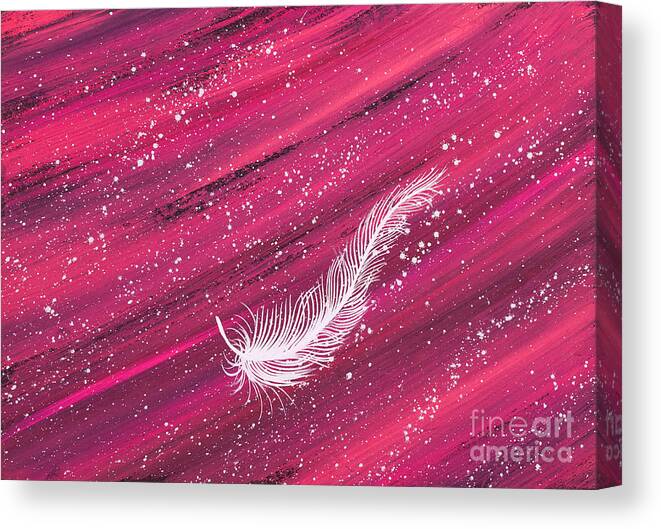 Feather Canvas Print featuring the painting White spiritual feather on pink streak by Carolyn Bennett by Simon Bratt