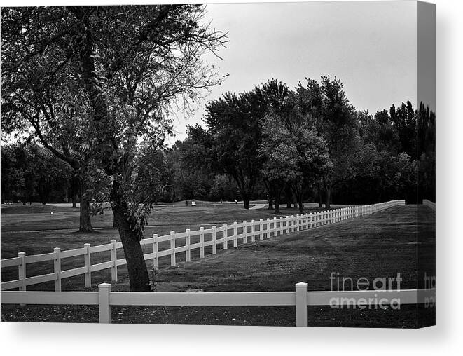 Black And White Canvas Print featuring the photograph White Fence on the Wooded Green by Frank J Casella
