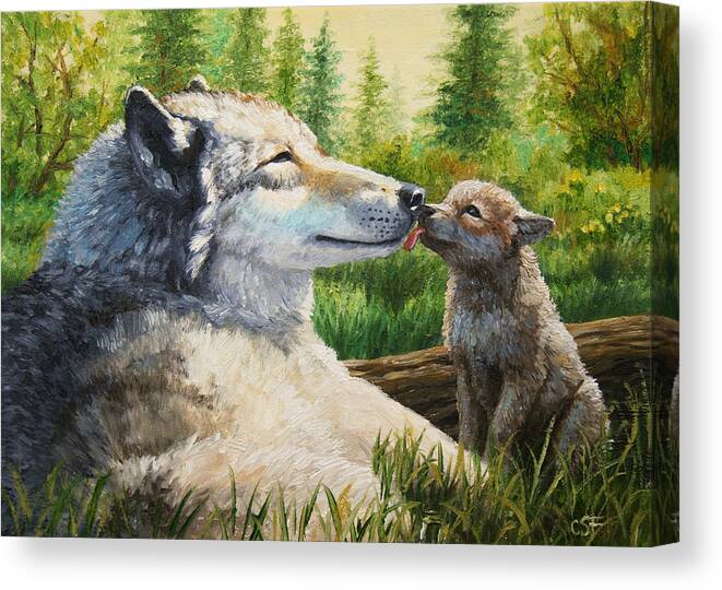 Wolf Canvas Print featuring the painting Wolf Painting - Spring Kisses by Crista Forest