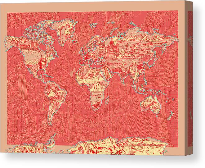 Map Of The World Canvas Print featuring the painting World Map Landmark Collage Red by Bekim M