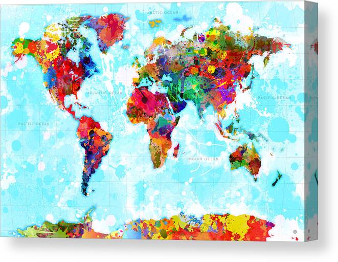 World Canvas Print featuring the digital art World Map Spattered Paint by Gary Grayson