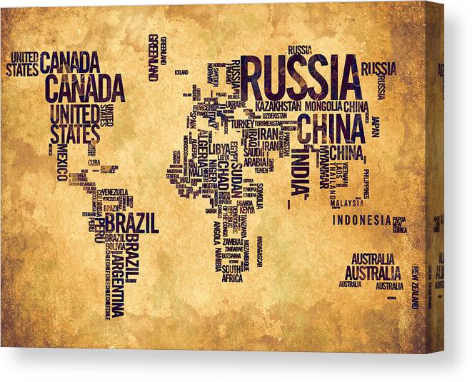 World Map Canvas Print featuring the painting World Map Typography 6 Watercolor Painting by Georgeta Blanaru