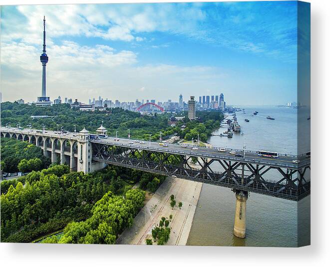 Chinese Culture Canvas Print featuring the photograph WuHanYangtze River Bridge by Real444