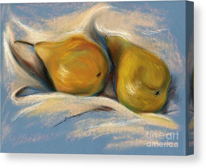 Pear Canvas Print featuring the pastel Yellow Pears on Blue Paper Pastel Drawing by MM Anderson