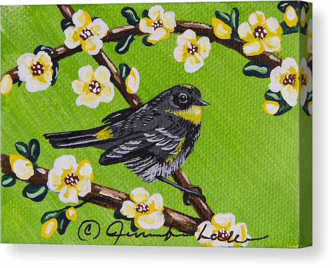 Warbler Canvas Print featuring the painting Yellow Rump Warbler Bird Mini by Jennifer Lake