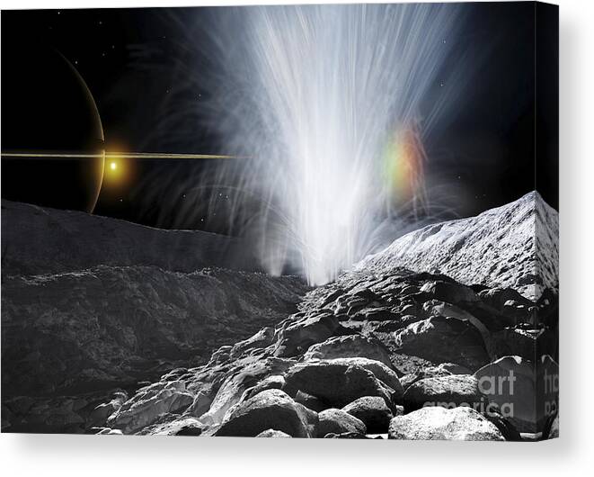 Color Image Canvas Print featuring the digital art The Ice Fountains Of Enceladus #1 by Ron Miller