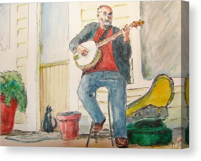 Banjo Cat Bluegrass Music Playing Jam Listen Festival Yellow Red Sit Capo Rolling Blue Dahlonega Canvas Print featuring the painting Audience of One by Patsy Kline