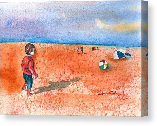 Boy At Beach Playing And Chasing Ball Canvas Print featuring the painting Boy at Beach Playing and Chasing Ball by Sharon Mick