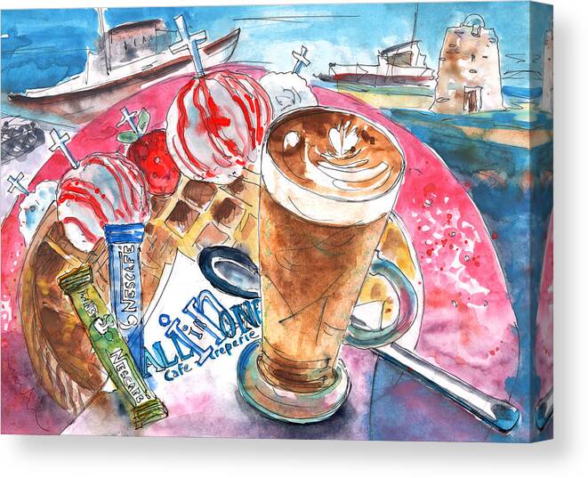 Travel Art Canvas Print featuring the painting Coffee Break in Elounda in Crete by Miki De Goodaboom