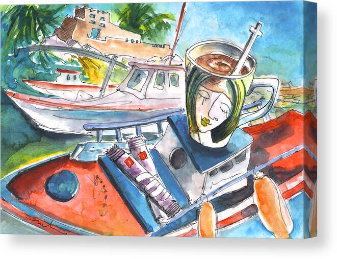 Travel Art Canvas Print featuring the painting Coffee Break in Sitia in Crete by Miki De Goodaboom