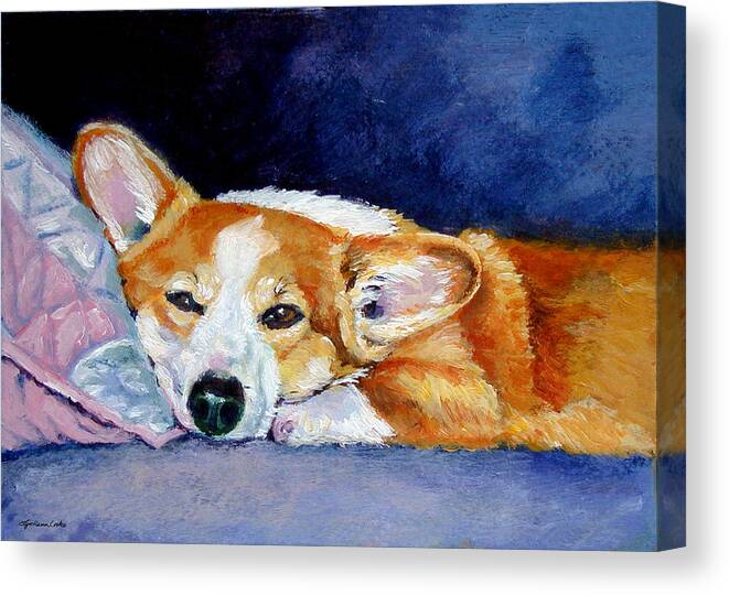 Pembroke Welsh Corgi Canvas Print featuring the painting Corgi Napster by Lyn Cook
