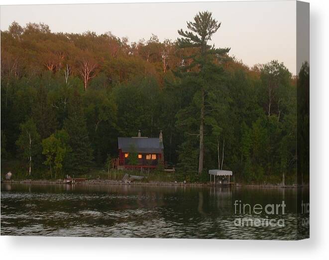 Cabin Canvas Print featuring the painting Cozy Cabin Sunset Soaked by Alex Blaha