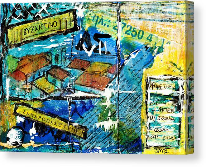 Greece Canvas Print featuring the painting Greek Collage - Signs and Lettering 1 by Jackie Sherwood