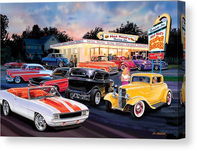 Vintage Car Cruise at Diner Canvas Print featuring the photograph Hot Rod Drive In by MGL Licensing