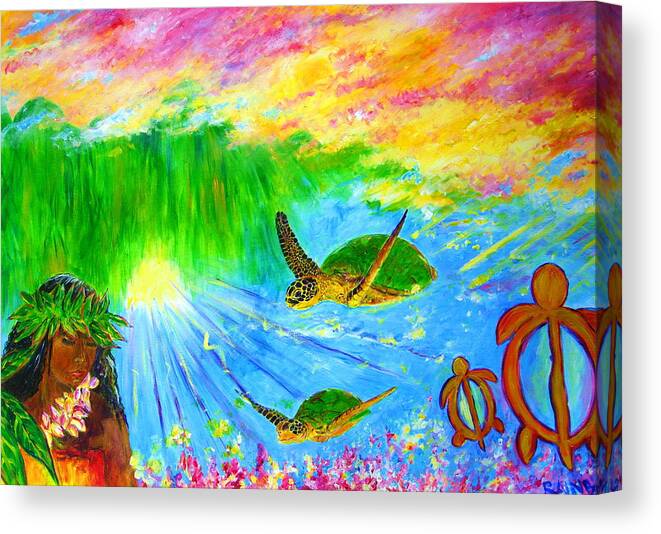 Dolphins Canvas Print featuring the painting kahuna-Honu by Tamara Tavernier