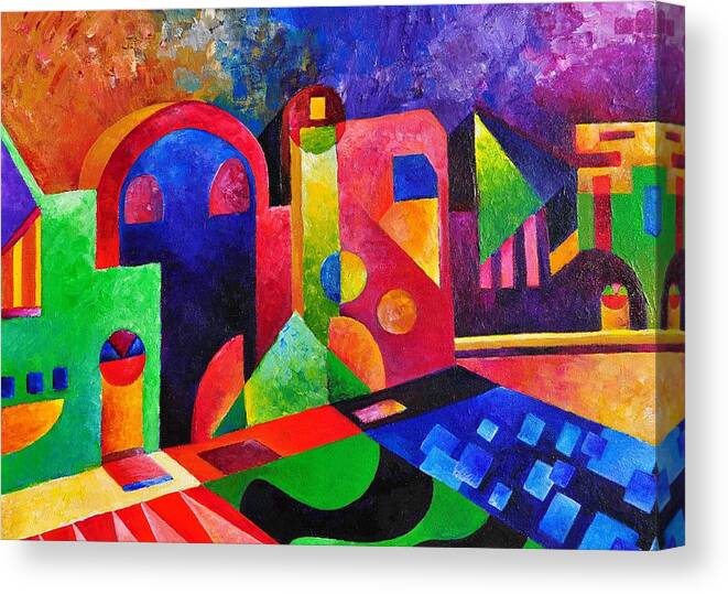 Colorful Little Village Oleo On Canvas Canvas Print featuring the painting Little Village by SANDRALIRA by Sandra Lira