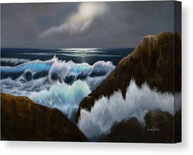 Oceans Canvas Print featuring the painting Moonlight and the Sea by Sena Wilson
