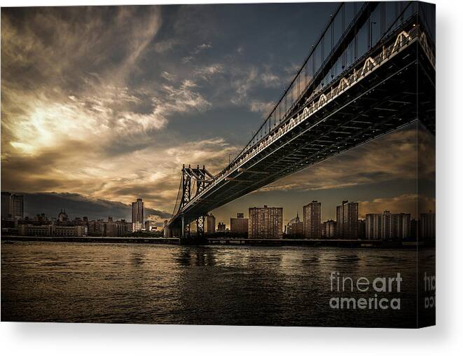 Nyc Canvas Print featuring the photograph NYC Golden Manhattan Bridge by Hannes Cmarits