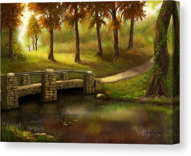 Landscapes Canvas Print featuring the painting Pond Crossing by Sena Wilson